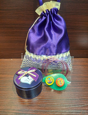 Designer Potli Bag with Round Tin Thambullam Set