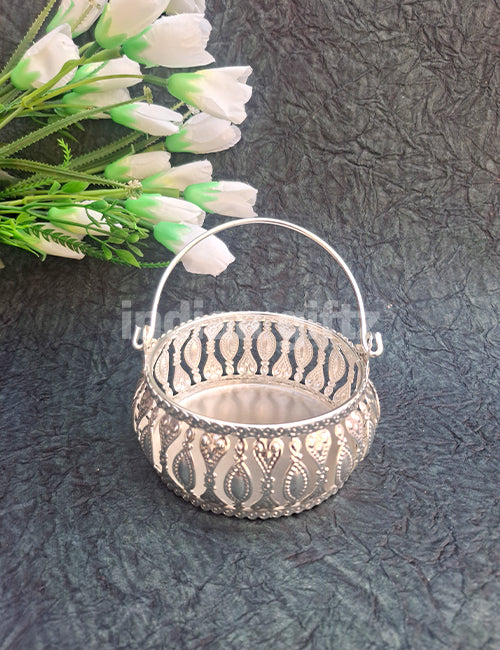4 Inch German Silver Handle Basket Traditional, Pooja & Marriage Gift Tray  Wedding Return Gift