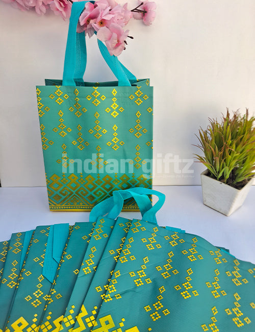 Peacock Green With Golden Printed Patern Non Woven Bag For|Wedding| Birthday | Housewarming| All Events (11 × 8 inch)
