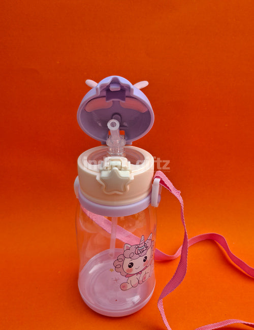 Multi-Cartoon Printed Kids Water Bottle with Straw & Strap – 600ml BPA-Free Plastic