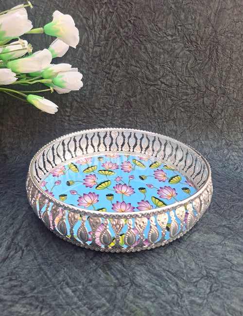 8 Inch German Silver Pichwai Round Blue Flower Print Tray Wedding Return Gift
