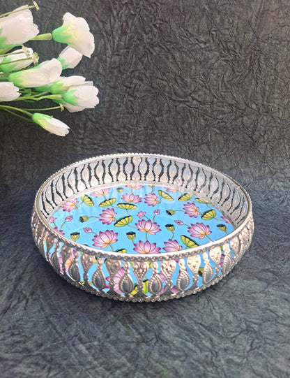 8 Inch German Silver Pichwai Round Blue Flower Print Tray Wedding Return Gift