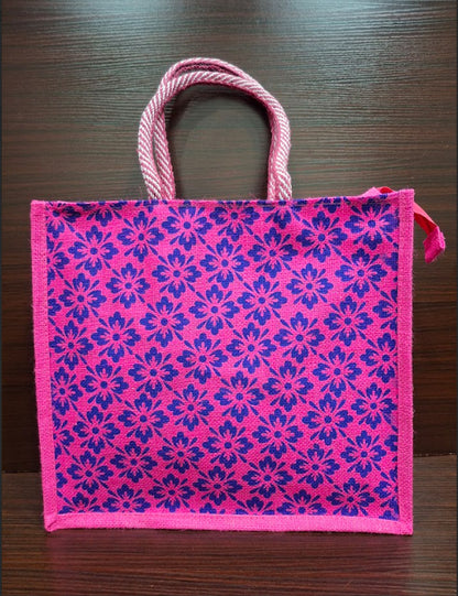Blue Pink Flower Jute Bag