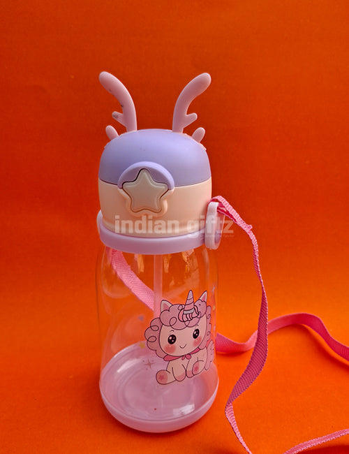Multi-Cartoon Printed Kids Water Bottle with Straw & Strap – 600ml BPA-Free Plastic