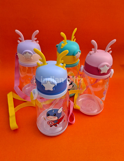 Multi-Cartoon Printed Kids Water Bottle with Straw & Strap – 600ml BPA-Free Plastic
