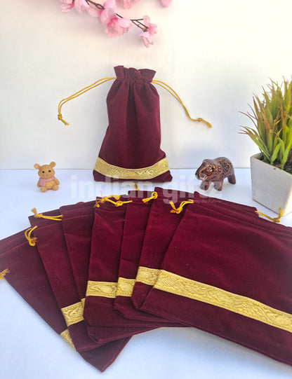 Maroon Velvet Potali Bag For Wedding| Housewarming| Navaratri| All Events  (9 x 6 inch)